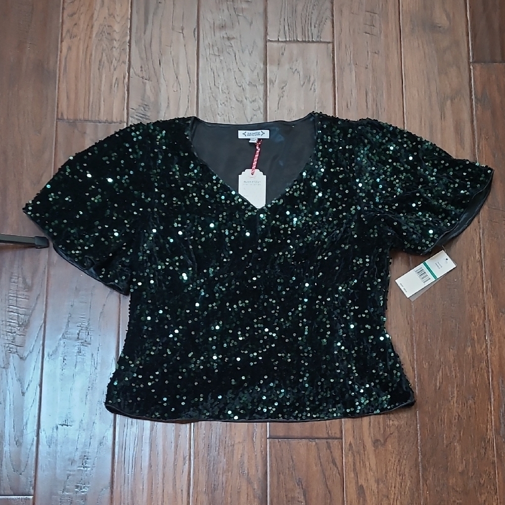 NWT Nanette Lepore Emerald Green Sequin Blouse size Large